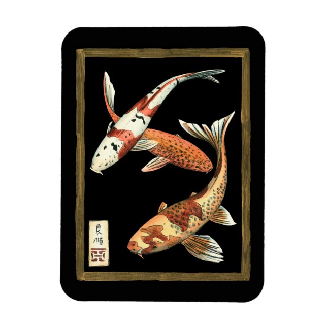 Två japanska koi Goldfish på svart bakgrund Magnet (Vertikal)