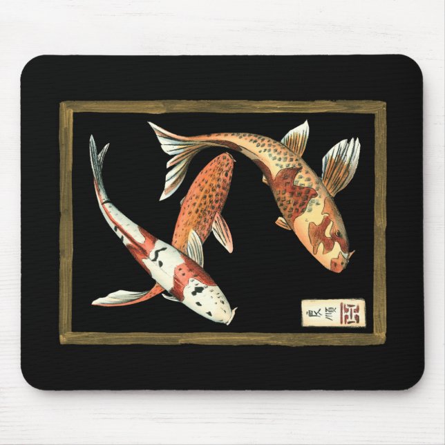 Två japanska koi Goldfish på svart bakgrund Musmatta (Framsidan)
