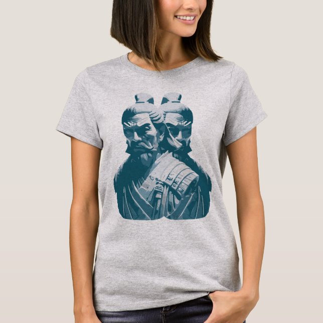 Två japanska samurajstatyer Design T Shirt (Framsida)