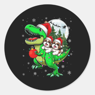 Två jul-shih tzus som rider på T-rex ren älskande Runt Klistermärke