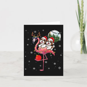 Två Julafton Shih Tzus Riding Flamingo Reindeer Su Kort