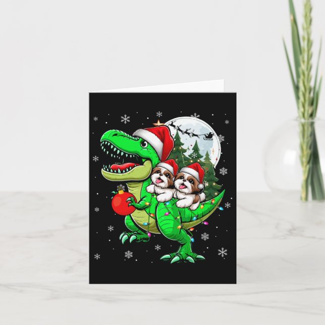 Två Julafton Shih Tzus Riding T-rex Reindeer Älska Kort (Framsida)