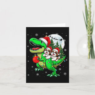 Två Julafton Shih Tzus Riding T-rex Reindeer Älska Kort