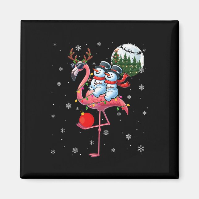 Två Julafton-Snögubbar Riding Flamingo Reindeer Su Magnet (Framsidan)