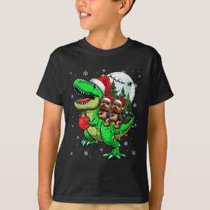 Två Julafton Yorkshire Terriers Riding T-rex Reind T Shirt