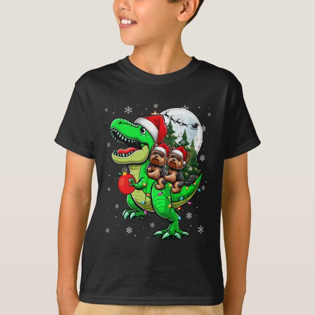 Två Julafton Yorkshire Terriers Riding T-rex Reind T Shirt (Framsida)