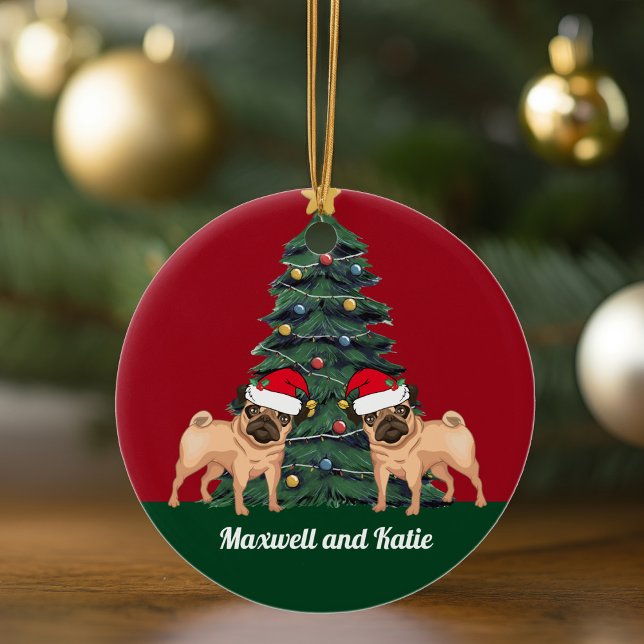 Två jultomter i Hundar i Santa Hat Cute Anpassning Julgransprydnad Keramik (Skapare uppladdad)