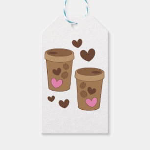 två kaffe koppar med kärlekhjärtor presentetikett