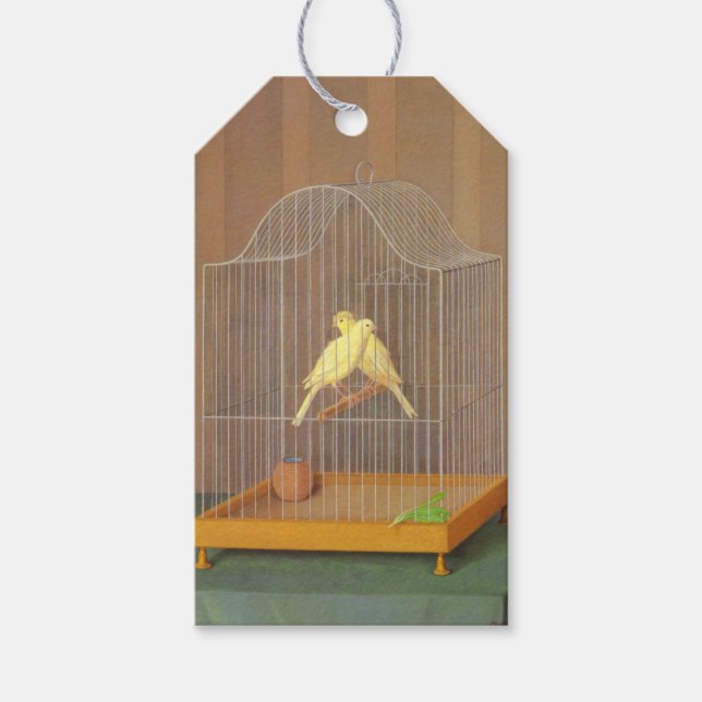 Två kanarier i en bur (av Antonio Donghi) Presentetikett (Framsidan)