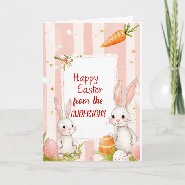 Två kaniner och morötter rosa helgkort (Framsida)