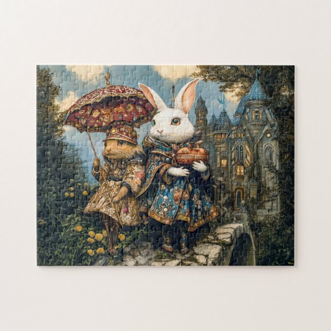 Två kaniner på en Castle-bro i Fantasy Scene Pussel (Horisontell)