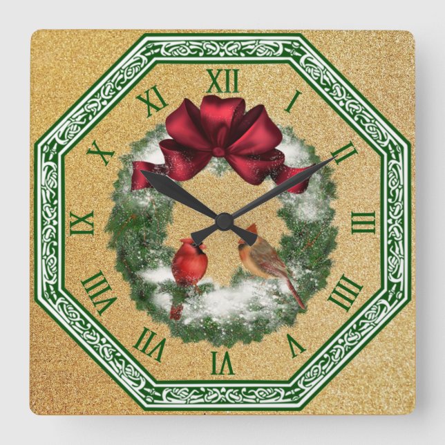 Två kardinaler ~ Snowjulkrans ~ Red Bow Fyrkantig Klocka (Framsida)