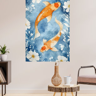 Två karpfiskar simmar bland blommor. poster