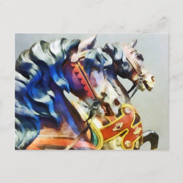 Två karusellhästar närbild vykort (Framsida)