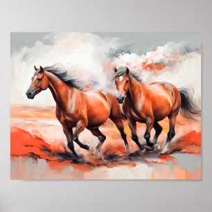 Två kastanjehästar som går genom Red Sand Poster