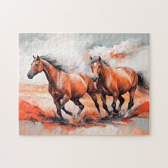 Två kastanjehästar som går genom Red Sand Pussel (Horisontell)