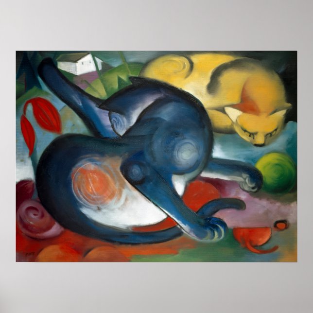 "Två katter, blå och gul" av Franz Marc (1912) Poster (Framsidan)