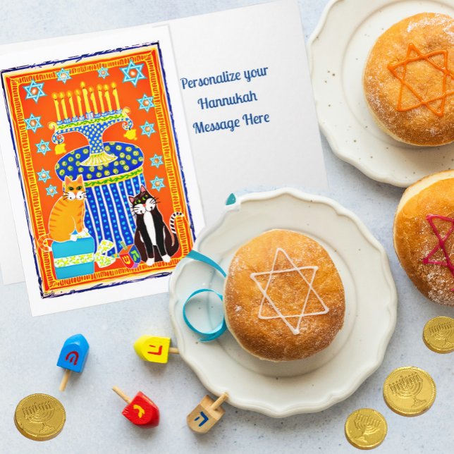Två katter Celebrate Hanukkah Personlig Helgdag Helgkort (Personalize your special Hanukkah message in side this cute cat card!)