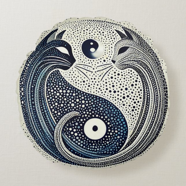 Två katter i en prickig Yin Yang-design Rund Kudde (Framsidan)