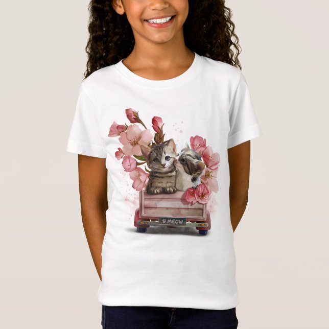 Två katter i lastbil och blommor t shirt (Framsida)