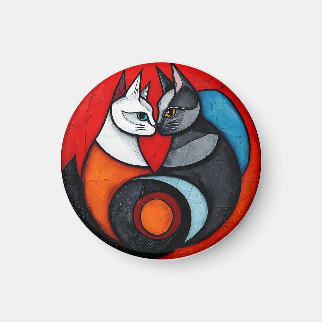 Två katter i livfull cirkulär design magnet (Framsidan)