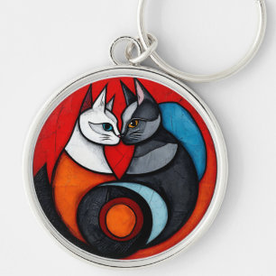 Två katter i livfull cirkulär design rund silverfärgad nyckelring