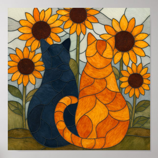 Två katter med solrosor glasmålningmönster poster (Framsidan)