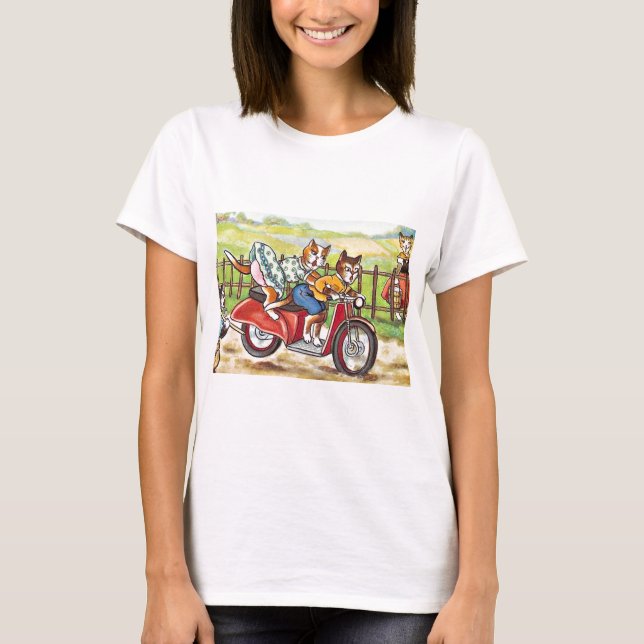 Två katter på en motorcykel t-shirt (Framsida)