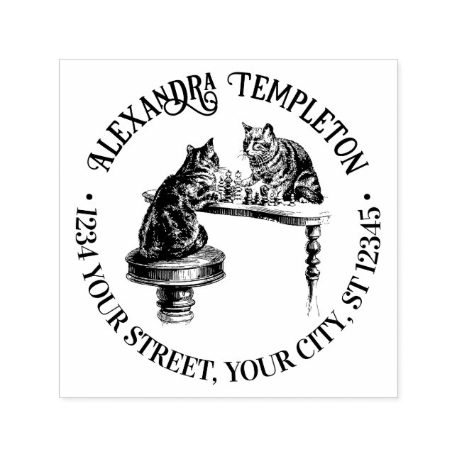 Två katter spelar Returadressen Chess Match Namn Självfärgande Stämpel (Design)