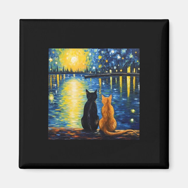 Två katter Starry Night Älskare Cat Art Painting K Magnet (Framsidan)