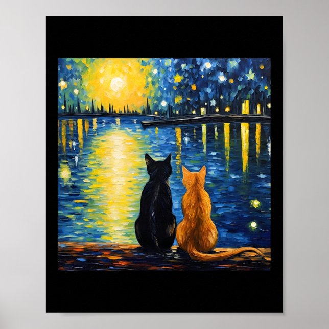 Två katter Starry Night Älskare Cat Art Painting K Poster (Framsidan)