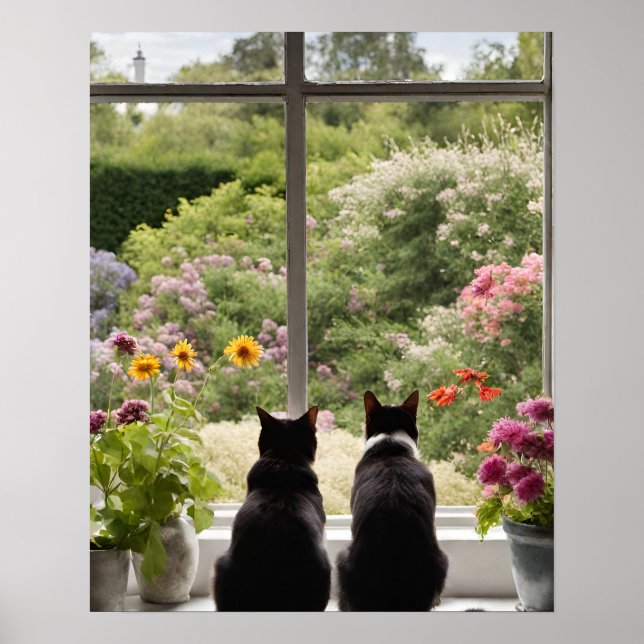 Två katter Tittar ut Windows Wall Art Poster (Framsidan)
