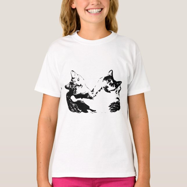 Två katter Vänskap Bläck Art Tee (Framsida)