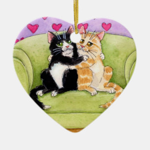 Två kattjul- eller valentinprydnad julgransprydnad keramik