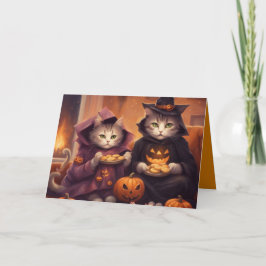 Två kattungar i Halloween-kostymer med godsaker Kort