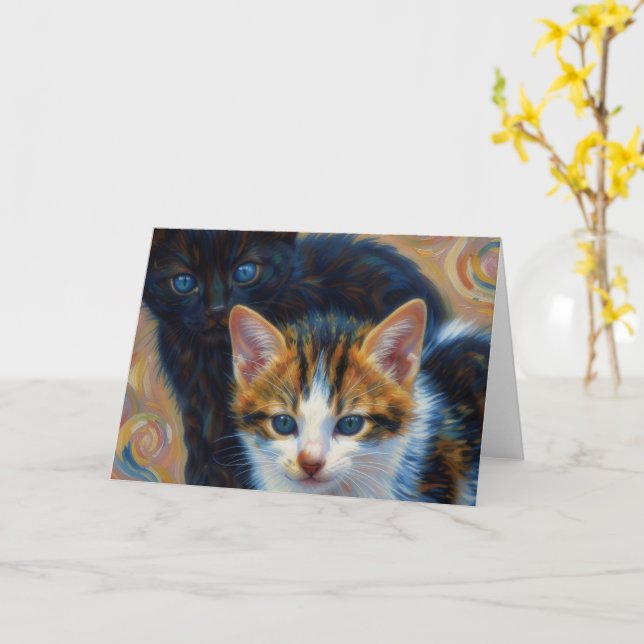 Två kattungar konst brevkort kort (Gul blomma)