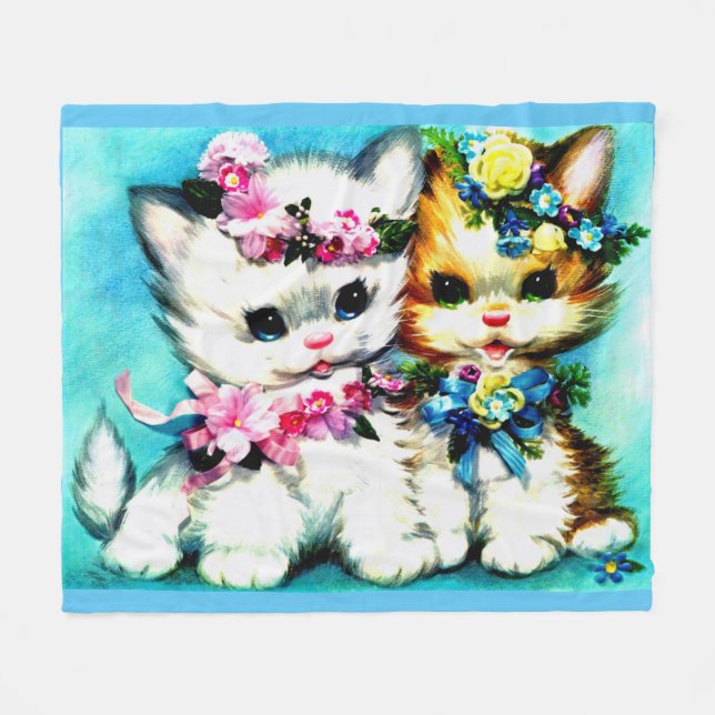 två kattungar och blompartier fleecefilt (Framsidan (Horisontell))