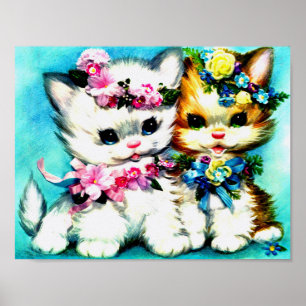 två kattungar och blompartier poster