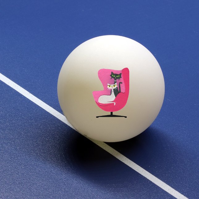 Två Kattunge i mitten av århundradet i Rosa Pingisboll (Classy atomic cats sitting in pink mid century chair on white pink pong balls.)