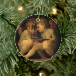 Två keruber läser av Rosso Fiorentino, Änglar Julgransprydnad Keramik