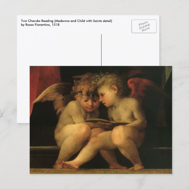 Två keruber läser av Rosso Fiorentino, Änglar Vykort (Fram/baksida)