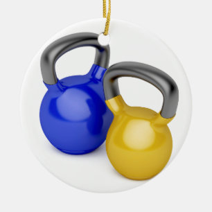 Två kettlebells julgransprydnad keramik