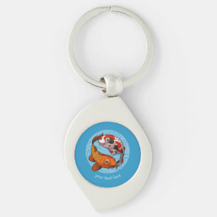 Två Koi Carp Fish Friends Swimming Tecknad Swirl Silverfärgad Nyckelring
