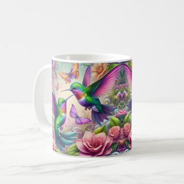 Två kolibrier och blommor kaffemugg (Framsida vänster)