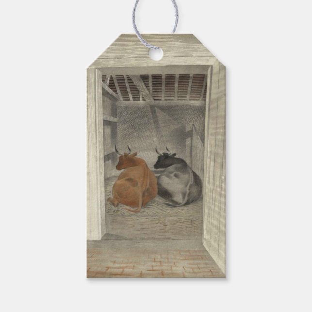 Två kor i en stabel (av Eric Ravilious) Presentetikett (Framsidan)