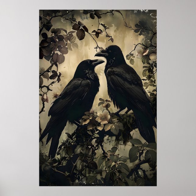 Två Korpar I En Dyster Blommig Skog Utskrift, Kråk Poster (Framsidan)