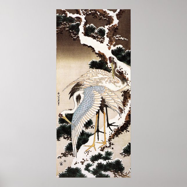 Två kranar på gräs täckta med snö, Hiroshige Poster (Framsidan)