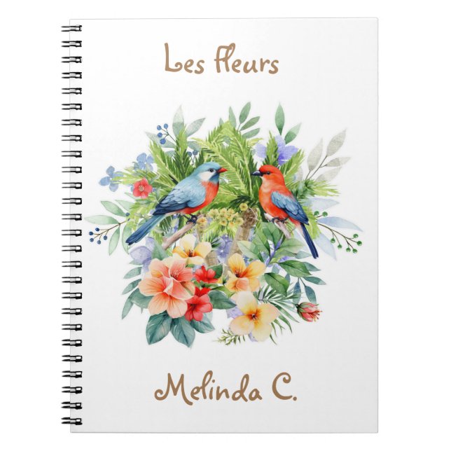 Två kute-fåglar med Tropical Flowers Notebook Anteckningsbok (Framsidan)