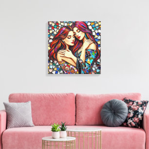 Två kvinnor i Kärlek Faux Mosaic Tile Stil Canvastryck