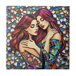 Två kvinnor i Kärlek Faux Mosaic Tile Stil Kakelplatta
